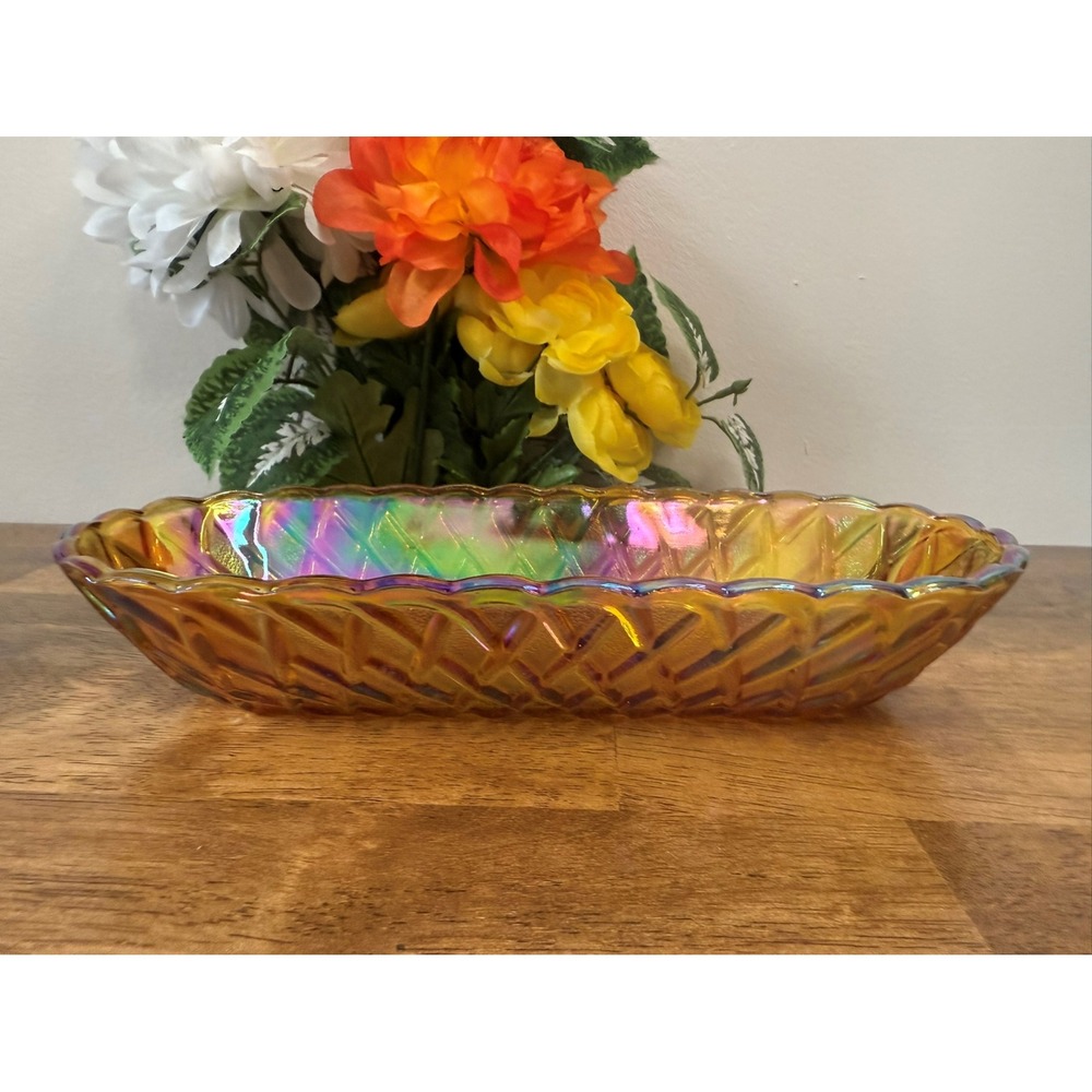 Vintage‎ Marigold Carnival Glass Oval Dish Iridescent Diamond Weave Pattern